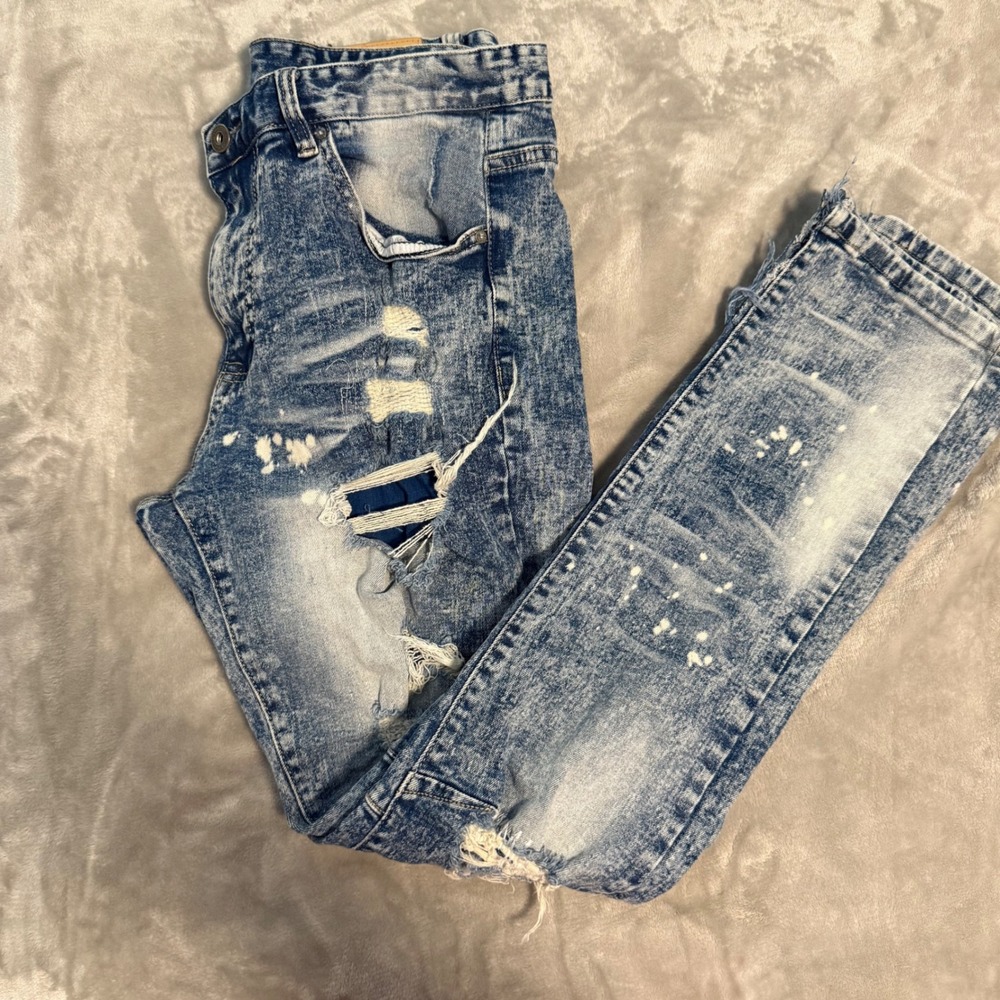Smoke Rise Men's Distressed Jeans Blue Acid Wash Paint Splatter Streetwear 34/32